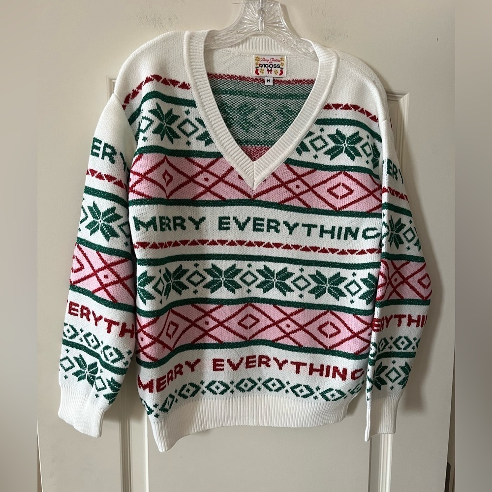 Vigoss Festive “Merry Everything” V-neck Sweater with Sparkly Design Size Med